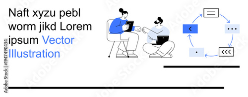 Business workflow, teamwork communication, digital collaboration, office productivity, project planning, remote work. Two seated people sharing ideas with a circular diagram. Focus on teamwork