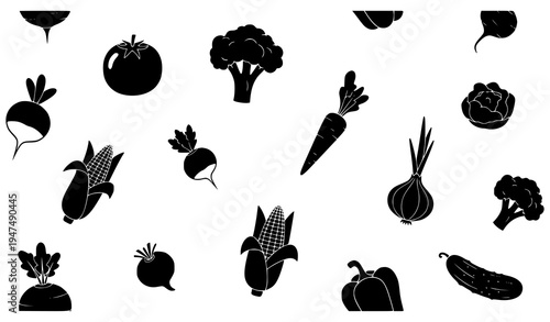 Vegetable black silhouette icon set featuring tomato, broccoli, carrot, onion, beetroot, corn, pepper and cucumber healthy food symbols