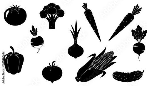 Vegetable black silhouette icon set featuring tomato, broccoli, carrot, onion, beetroot, corn, pepper and cucumber healthy food symbols