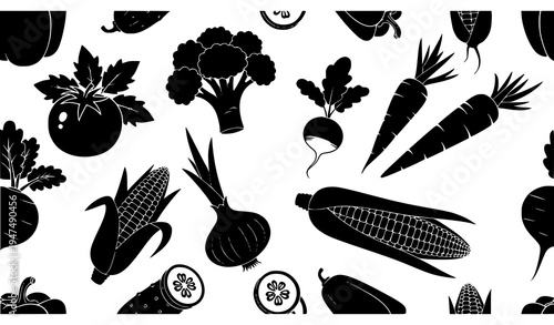 Vegetable black silhouette icon set featuring tomato, broccoli, carrot, onion, corn, beetroot, cucumber and eggplant healthy food symbols collection