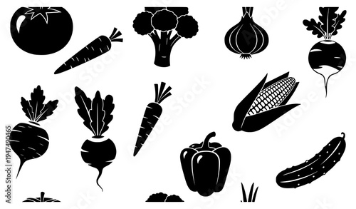Vegetable black silhouette icon set including tomato, carrot, broccoli, onion, beetroot, corn, pepper and cucumber healthy food symbols