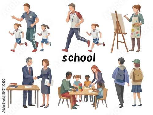 School activities and teacher with students illustration set