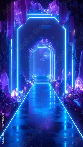 A futuristic neon-lit corridor with multiple archways