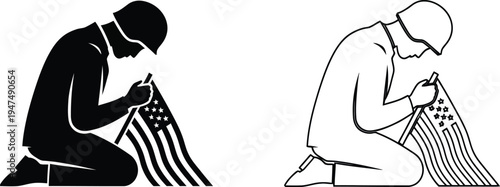 Praying man silhouette and line art Vector