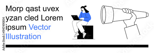 Exploration, research, digital technology, remote work, discovery, online learning. Person sitting on a block with a laptop, hand holding a telescope. Exploration and research