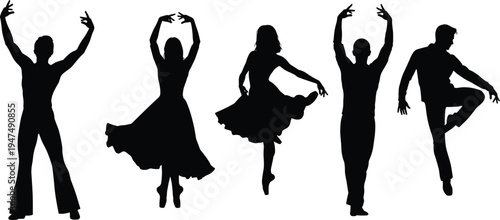 Black silhouettes of male and female ballet dancers performing elegant poses, isolated on white background for dance school and theater projects.