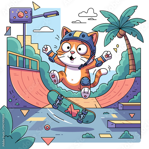 Cute Cartoon Cat Skateboarding in Park Doing Tricks Illustration