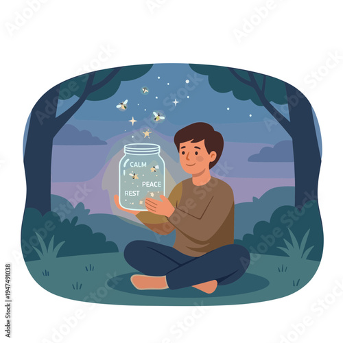 A man sits cross-legged outdoors at night holding a glowing jar with fireflies escaping.