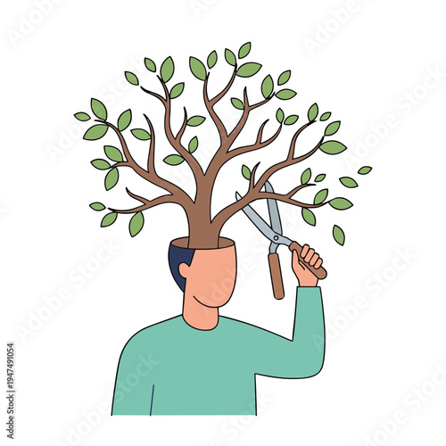 Man with tree growing out of head cuts branch with pruning shears