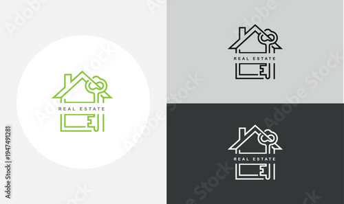 Real estate logo design template with house icon and key line art design