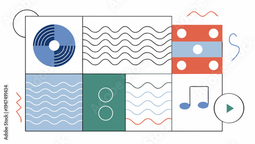 Abstract graphic layout shows music production elements like waveforms and audio controls.