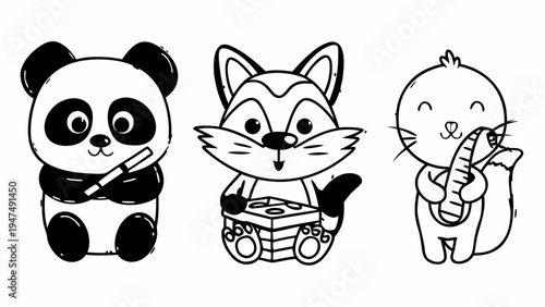 A happy panda holds a pen next to a fox with a box and a squirrel with a carrot.