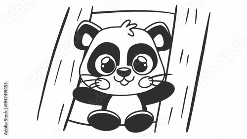 Small panda cub happily slides down a wooden surface on a playground.