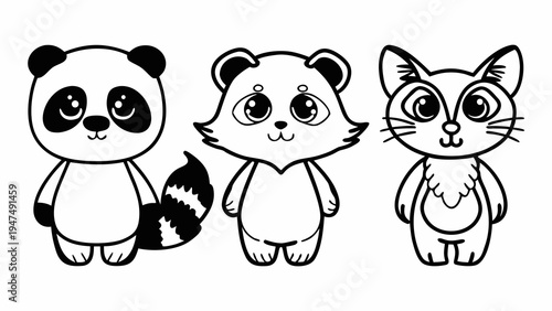 Three cute cartoon animals including a panda, raccoon, and cat are shown together.