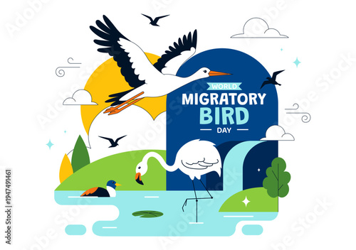 World Migratory Bird Day Vector Illustration Featuring Flying Storks Over Wetland Landscape, Wildlife Nature Conservation and Seasonal Migration