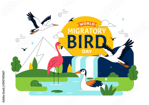 World Migratory Bird Day Vector Illustration Featuring Flying Storks Over Wetland Landscape, Wildlife Nature Conservation and Seasonal Migration