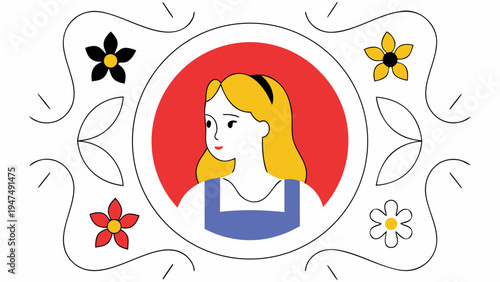 Blonde female character portrait within a circular frame featuring colorful blossoms.