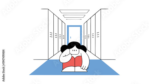 Worried person sits huddled on the floor of a long school hallway near a distant exit door.