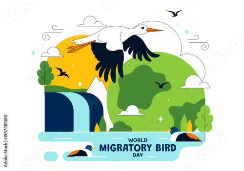 World Migratory Bird Day Vector Illustration Featuring Flying Storks Over Wetland Landscape, Wildlife Nature Conservation and Seasonal Migration