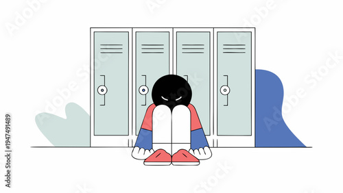 Sad figure sits curled up alone in front of a row of metal school lockers.