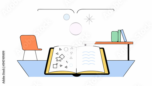 Large open book rests on a surface displaying geometric shapes and text content.