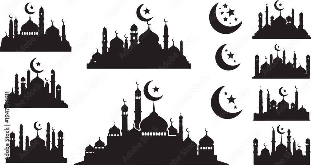 Obraz premium Islamic Architecture Silhouettes with Crescent Moons
