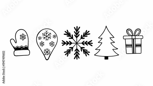 Assorted black outline Christmas icons including a mitten, snowflake, and gift box on white.