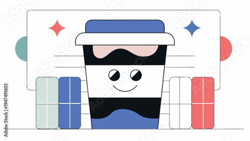 Smiling coffee cup mascot stands in front of a digital order form or review card.