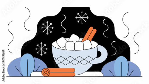 Cozy mug of hot chocolate with marshmallows and cinnamon sticks steams in a winter setting.