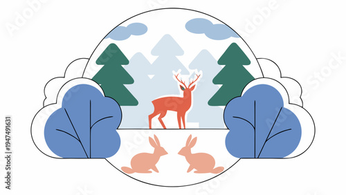 Deer and rabbits stand within a stylized winter forest landscape.