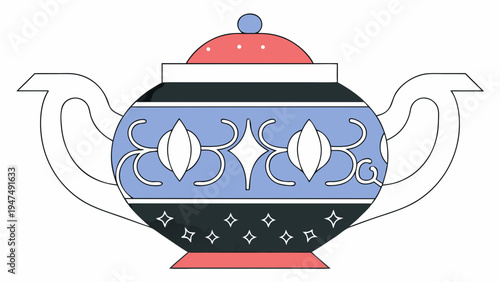 Decorative ceramic urn features blue and red geometric patterns.