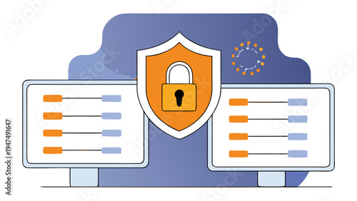 Central security emblem with a lock overlays dual computer monitors displaying data settings.