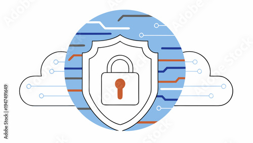 Digital shield with a prominent padlock secures data stored within abstract cloud shapes.