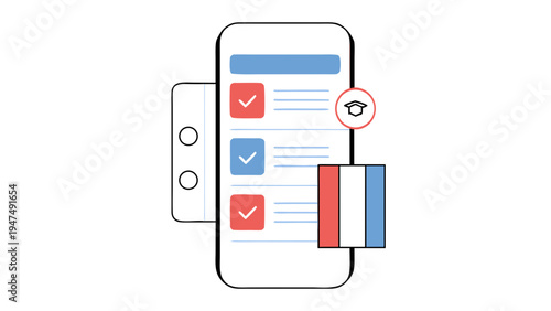 Smartphone displays a French language learning application with a completed checklist.