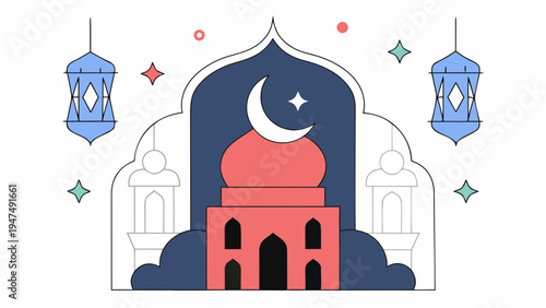 Mosque with a red dome and crescent moon is flanked by two decorative lanterns.