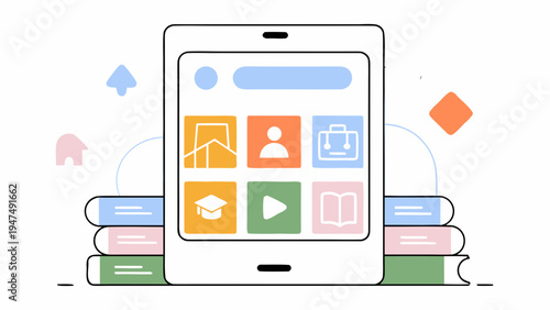 Digital tablet displays education and business app icons, resting on a stack of colorful books.
