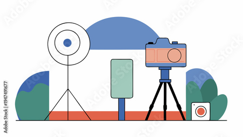 Photography equipment including a camera on a tripod and a circular light stand are set up.