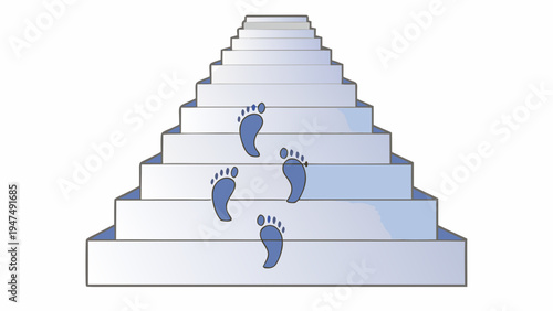 Footprints ascend a staircase representing progress.