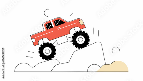Red monster truck drives over small dirt mounds with motion lines.