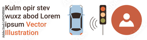 Traffic management, smart technology, wireless systems, transportation, road safety, user interaction. Car near a traffic light and an icon of a person. Traffic management and smart technology