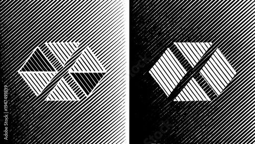 Abstract pattern features black and white geometric hexagons with diagonal line textures, creating.
