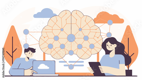 Brain network connects two people interacting with digital devices, representing artificial.