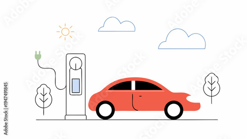 Electric car charges at a modern outdoor charging station.