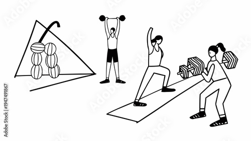 Diverse people engage in various weight training exercises and fitness routines.