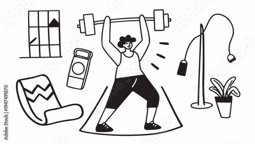 Man performs an overhead barbell lift during a home workout session.