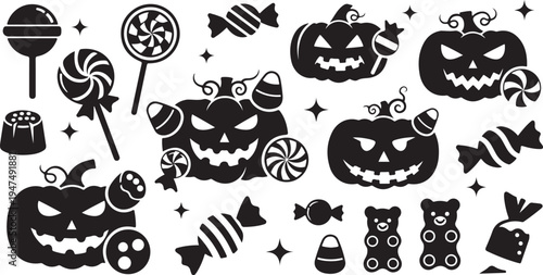 Halloween icons and candies on white background