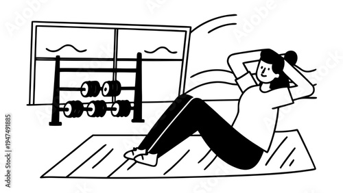 Woman performs abdominal crunches on a mat near a gym weight rack illustration.