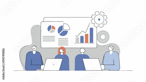 Team members review charts and graphs during a business presentation on a large screen.