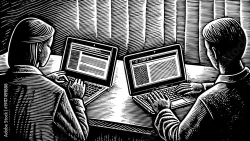 Two professionals work side by side using separate laptop computers in an office setting.