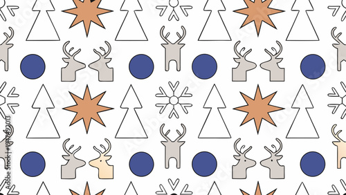 Winter holiday seamless pattern includes reindeer shapes, stylized trees, and star ornaments.
